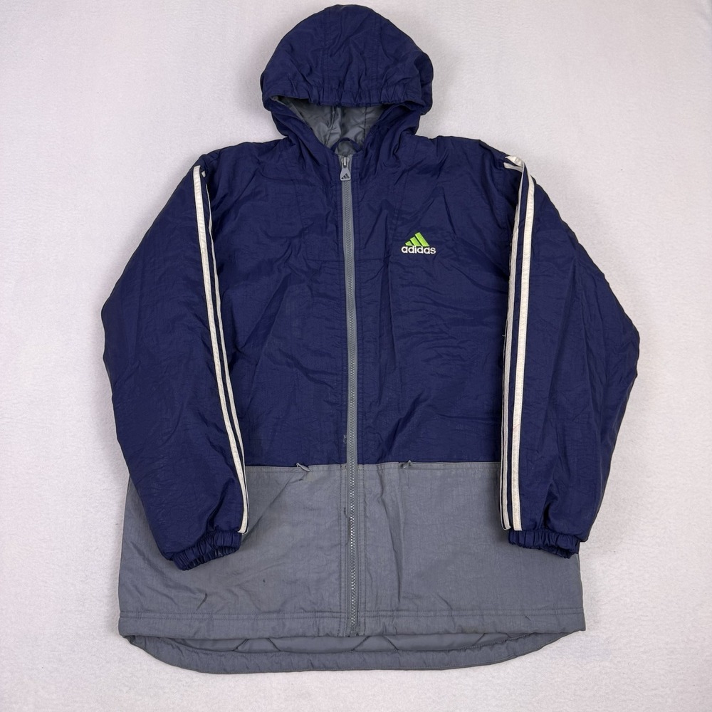 Vintage‎ 90s Adidas 3 Stripe Puffer Jacket Navy Lime Green Big Logo Mens Large